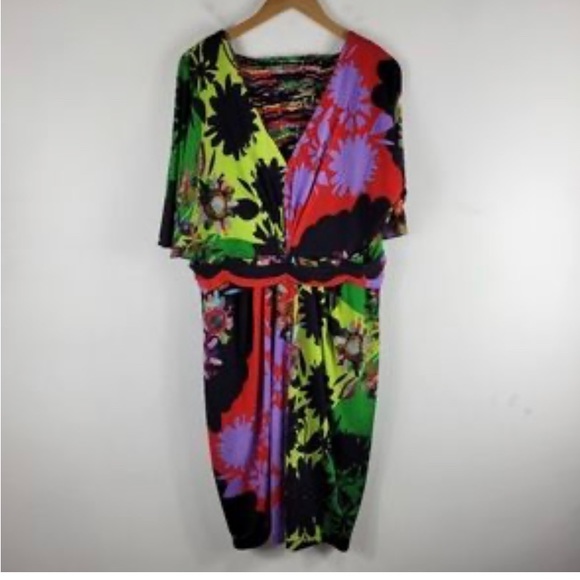 New Ranna Gill Sabatina Kimono Sleeve Floral V Neck Ruched Mini Midi Dress - Picture 3 of 8